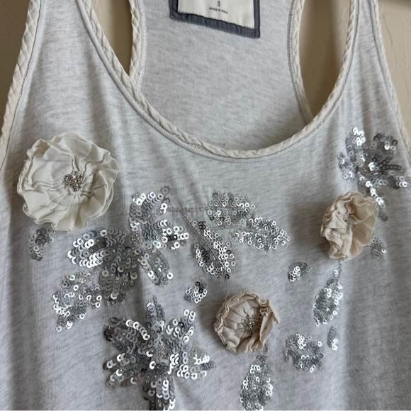 A&F Y2K Tank Top Tunic Racerback Sequin Cotton Beaded Flower Appliqué Small - Picture 3 of 10